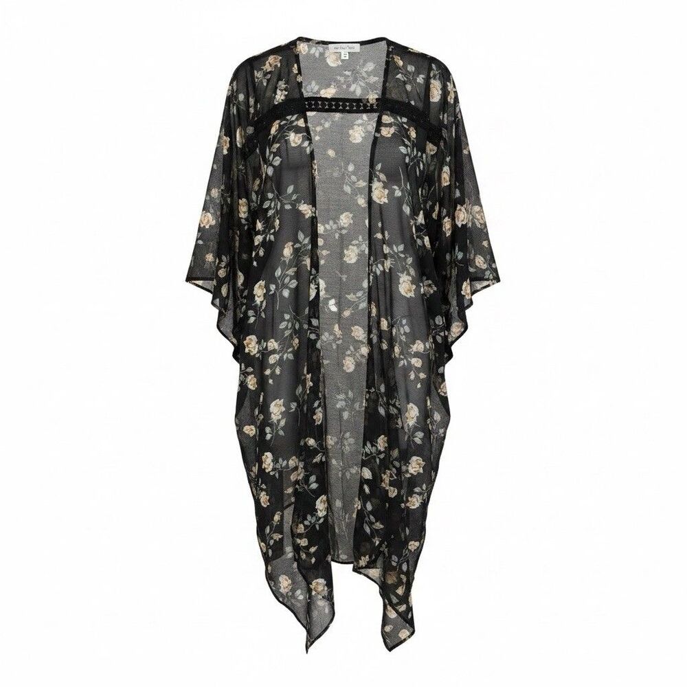 Emory Park Women's Black Floral Open Front Kimono Cover Up Sz Large Boho Casual